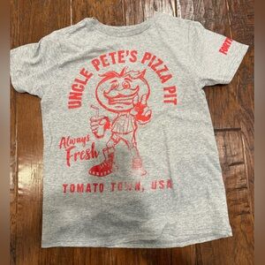Fortnite Uncle Pete’s Pizza Pit Gray Kids Short Sleeve Tee with Red Print